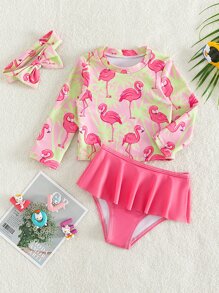 Baby Flamingo Print Ruffle Hem Skort Swimsuit & Headband - Multicolor - View 5