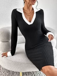 SHEIN Frenchy Ribbed Knit Contrast Collar Bodycon Dress - Black - View 1