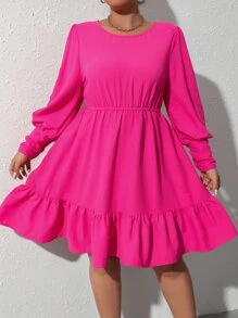 Celure 大碼燈籠袖荷葉邊連衣裙 - 玫紅色 - 查看 1