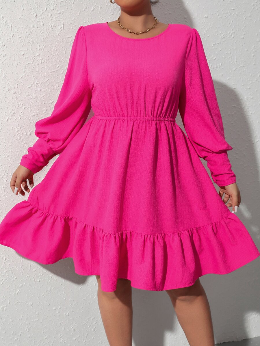 Celure 大碼燈籠袖荷葉邊連衣裙 - 玫紅色 - 查看 1