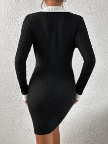 SHEIN Frenchy Ribbed Knit Contrast Collar Bodycon Dress - Black - View 2
