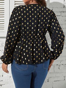 SHEIN LUNE Plus Gold Dot Print Twist Front Peplum Blouse - Multicolor - View 2