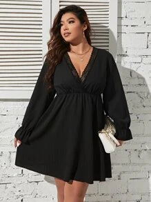 SHEIN Clasi Plus Lace Trim Flounce Sleeve Dress - Black - View 1