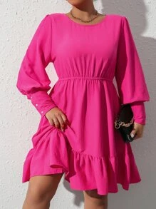 Celure 大碼燈籠袖荷葉邊連衣裙 - 玫紅色 - 查看 3