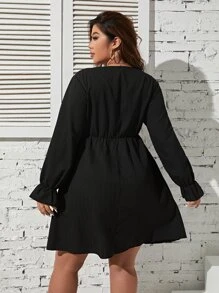 SHEIN Clasi Plus Lace Trim Flounce Sleeve Dress - Black - View 2