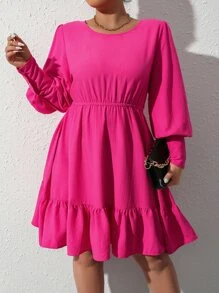 Celure 大碼燈籠袖荷葉邊連衣裙 - 玫紅色 - 查看 4