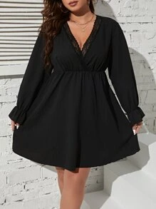SHEIN Clasi Plus Lace Trim Flounce Sleeve Dress - Black - View 4