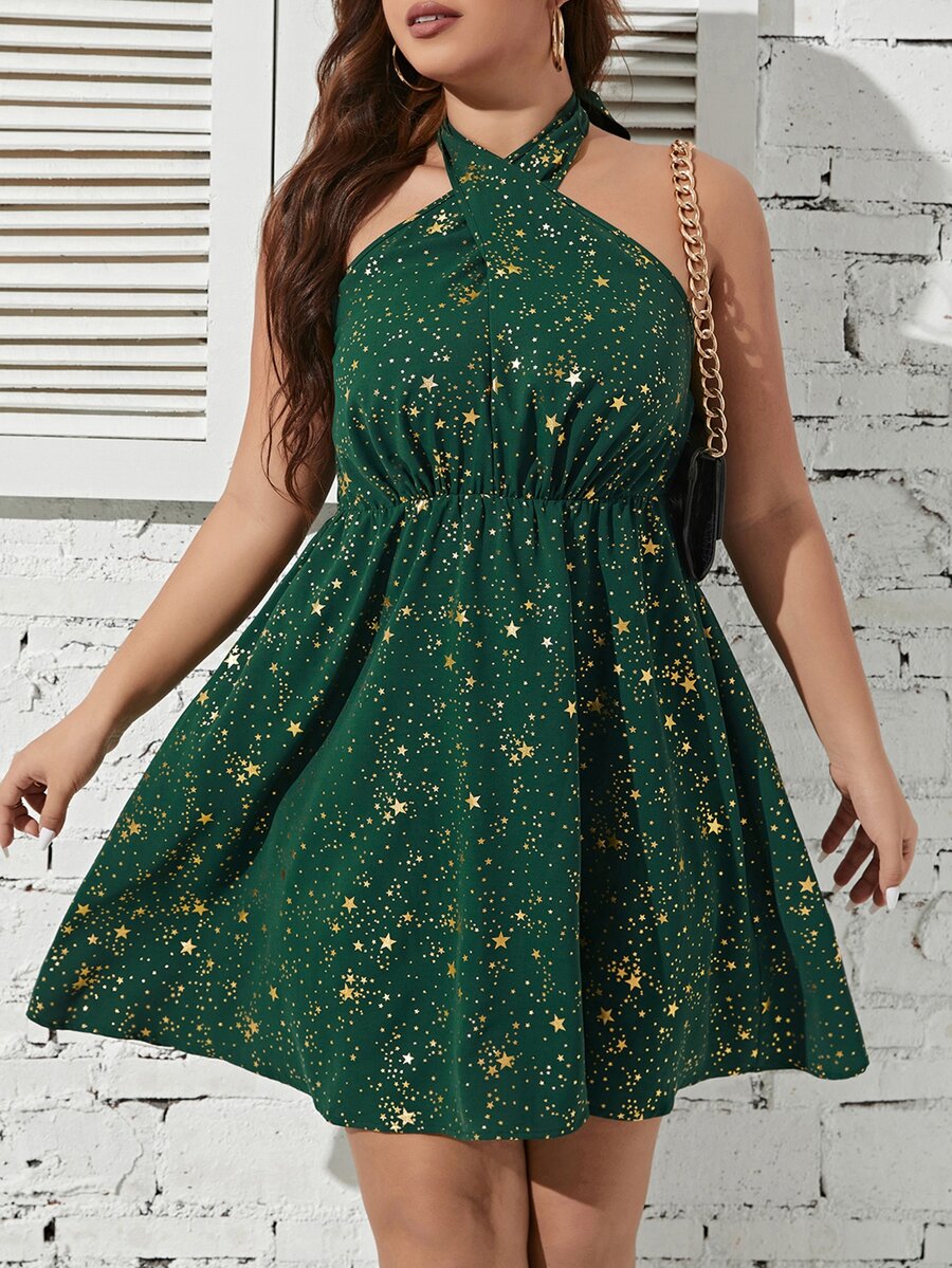 SHEIN LUNE Vestido dorado con estampado de estrella de cuello halter de espalda abierta - Verde Oscuro - Ver 1