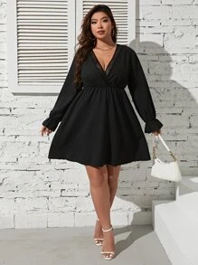 SHEIN Clasi Plus Lace Trim Flounce Sleeve Dress - Black - View 5