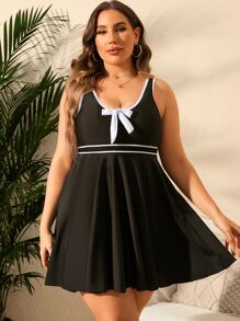 Plus Size Contrast Piping Bow Front Swim Dress Summer Beach - Black - View 1