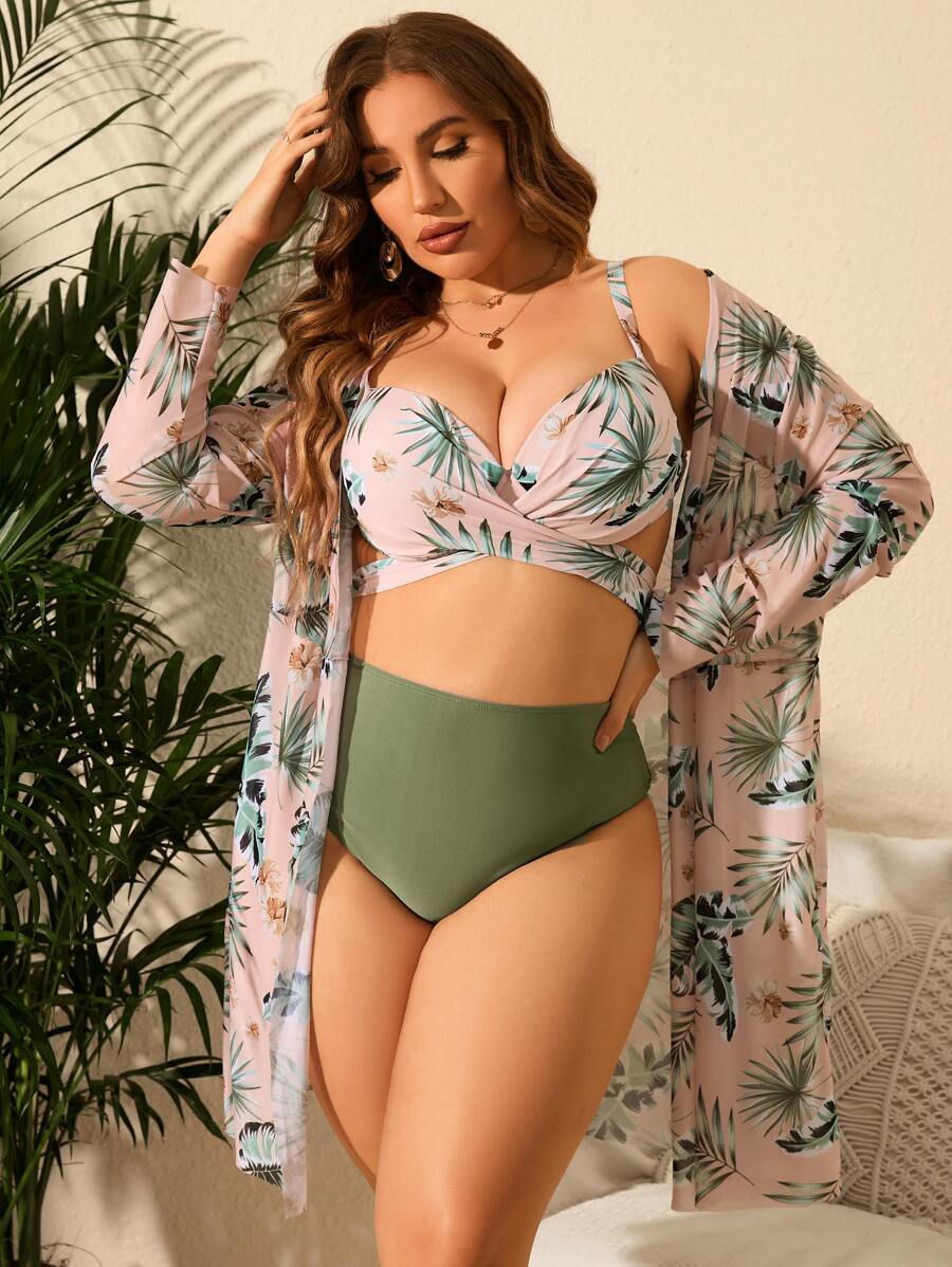 SHEIN Swim Curve Summer Beach Plus Size Tropical Print Bikini Set Cross Wrap Tie Back Push Up Bra Top & High Waist Bikini Bottom & Kimono 3 Pieces Bikini - Multicolor - View 1