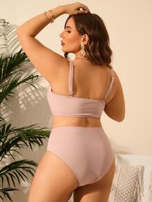 Plus Size Ribbed Đan Cut Out Bikini Set Bãi biển mùa hè - Bụi hồng - Xem 2