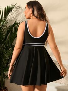 Plus Size Contrast Piping Bow Front Swim Dress Summer Beach - Black - View 2