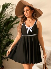 Plus Size Contrast Piping Bow Front Swim Dress Summer Beach - Black - View 3