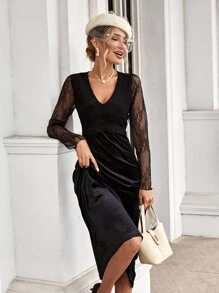 SHEIN Unity Contrast Lace V Neck Velvet Dress - Black - View 1