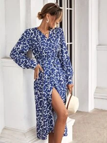 Allover Print Knot Side Wrap Hem Dress - Blue - View 4