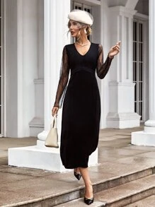 SHEIN Unity Contrast Lace V Neck Velvet Dress - Black - View 4