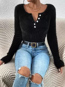 SHEIN Frenchy Half Button Fluffy Knit Jumper - Black - View 1