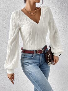 SHEIN Frenchy Solid V Neck Lantern Sleeve Tee Casual White - White - View 5