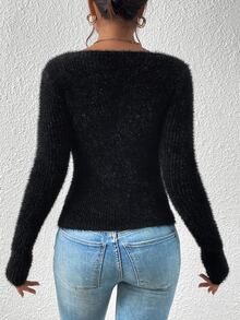 SHEIN Frenchy Half Button Fluffy Knit Jumper - Black - View 2