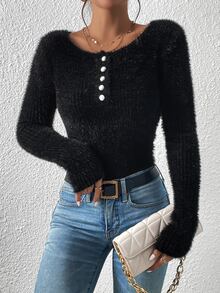 SHEIN Frenchy Half Button Fluffy Knit Jumper - Black - View 4