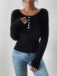 SHEIN Frenchy Half Button Fluffy Knit Jumper - Black - View 5