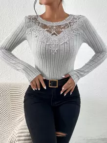 SHEIN Frenchy 水溶蕾絲拼接T恤