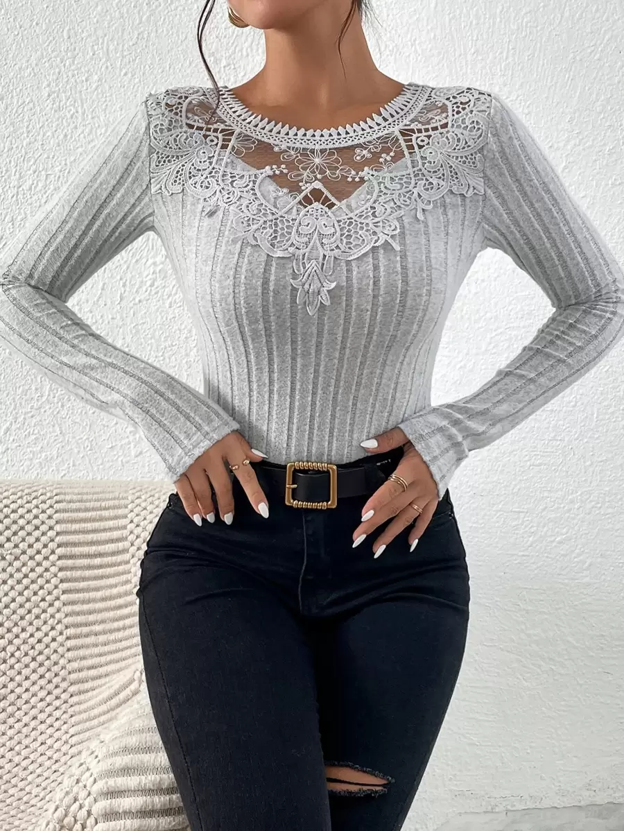 SHEIN Frenchy 水溶蕾絲拼接T恤