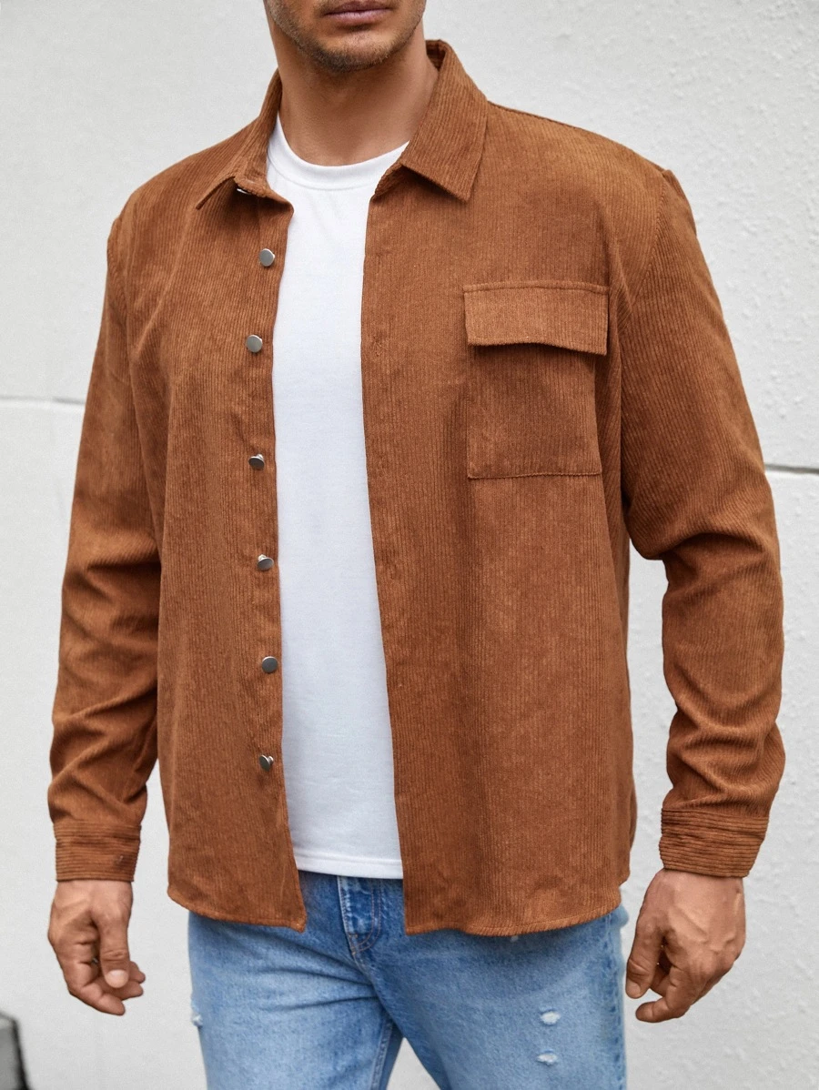 Manfinity Men Plus Flap Pocket Snap Button Up Shirt - Brown - View 1