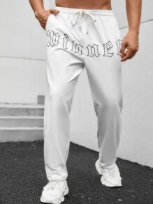 Manfinity Homme Men Plus Letter Graphic Drawstring Waist Pants - White - View 3