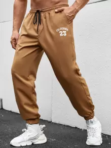Manfinity Hombres Pantalones con estampado de letra de cintura con cordón - Camel - Ver 1