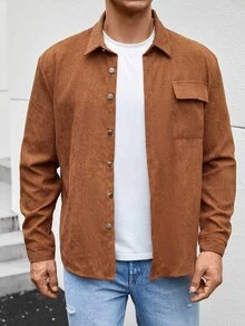 Manfinity Men Plus Flap Pocket Snap Button Up Shirt - Brown - View 3