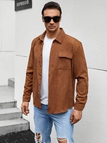 Manfinity Men Plus Flap Pocket Snap Button Up Shirt - Brown - View 4