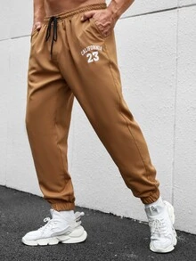 Manfinity Hombres Pantalones con estampado de letra de cintura con cordón - Camel - Ver 4