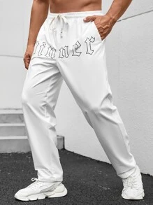 Manfinity Homme Men Plus Letter Graphic Drawstring Waist Pants - White - View 7