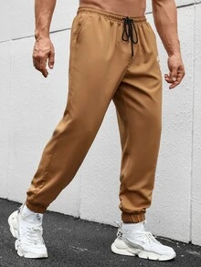Manfinity Hombres Pantalones con estampado de letra de cintura con cordón - Camel - Ver 5