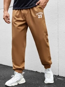 Manfinity Hombres Pantalones con estampado de letra de cintura con cordón - Camel - Ver 6
