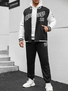 Manfinity Men Letter Graphic Striped Trim Varsity Jacket & Joggers Without Hoodie - Black and White - View 1