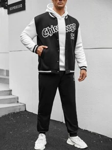 Manfinity Men Letter Graphic Striped Trim Varsity Jacket & Joggers Without Hoodie - Black and White - View 3