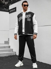 Manfinity Men Letter Graphic Striped Trim Varsity Jacket & Joggers Without Hoodie - Black and White - View 6