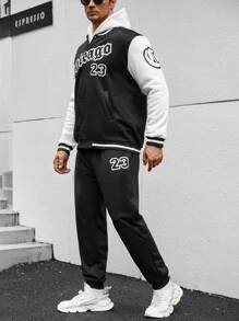 Manfinity Men Letter Graphic Striped Trim Varsity Jacket & Joggers Without Hoodie - Black and White - View 7