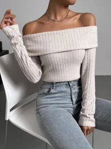 SHEIN Privé Off Shoulder Foldover Front Tee - Apricot - View 3