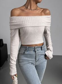 SHEIN Privé Off Shoulder Foldover Front Tee - Apricot - View 4