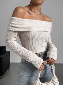 SHEIN Privé Off Shoulder Foldover Front Tee - Apricot - View 5