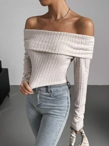 SHEIN Privé Off Shoulder Foldover Front Tee - Apricot - View 7