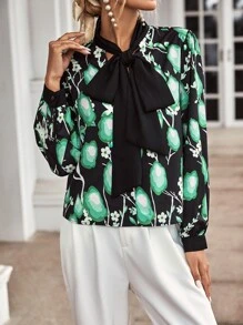 Allover Print Tie Neck Blouse - Green - View 3