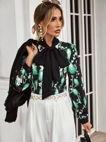 Allover Print Tie Neck Blouse - Green - View 4