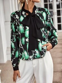 Allover Print Tie Neck Blouse - Green - View 5