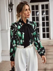 Allover Print Tie Neck Blouse - Green - View 6