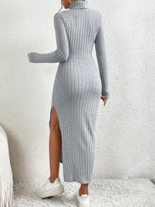 SHEIN Frenchy Turtleneck Split Thigh Ribbed Knit Dress - Light Grey - View 2